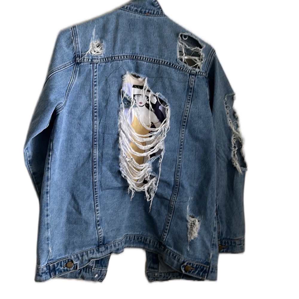 Distressed Light Blue Denim Jacket with Graphic Back